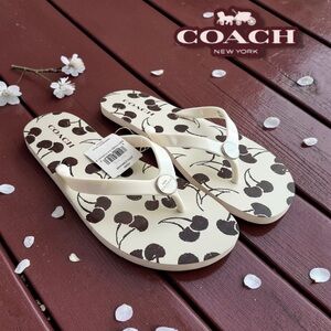 Coach Size 11 White Flip Flops with Black Cherry Design NEW WITH TAGS!